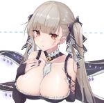  1girl :o azur_lane bangs bare_shoulders between_breasts black_dress black_nails breasts cleavage cropped_torso dress earrings eyebrows_visible_through_hair flight_deck formidable_(azur_lane) frilled_dress frills glint grey_hair hair_ornament hair_ribbon hand_on_own_chest highres jewelry large_breasts long_hair long_sleeves looking_at_viewer nayuta_hilo red_eyes ribbon rigging solo twintails upper_body 