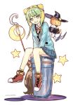  1girl absurdres animal_hat aqua_cardigan artist_name asayama atelier_(series) atelier_shallie between_legs broom cardigan cat_hat collared_shirt commentary_request crescent eyebrows_visible_through_hair full_body green_eyes green_hair grin hair_between_eyes hand_between_legs hat head_tilt highres holding holding_wand jack-o&#039;-lantern looking_at_viewer pleated_skirt red_footwear red_neckwear shallotte_elminus shirt shoes sitting sketch skirt smile solo star star_wand v-shaped_eyebrows wand white_background white_shirt wing_collar witch_hat 
