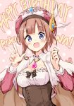  1girl :d atelier_(series) atelier_rorona black_bow blue_eyes bow breasts brown_hair capelet character_name commentary_request english_text eyebrows_visible_through_hair happy_birthday hat highres jewelry long_sleeves looking_at_viewer medium_breasts minidraco open_mouth pendant pink_background polka_dot polka_dot_background rororina_fryxell sketch smile solo w 