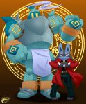  2019 alphonse_elric ambiguous_gender armor blue_fur brown_background canid canine clothed clothing coat cosplay duo edward_elric fullmetal_alchemist fur golurk gradient_background hi_res lucario makoto177 mammal nintendo pok&eacute;mon pok&eacute;mon_(species) red_eyes simple_background size_difference smile video_games 