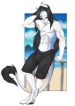  2019 4_toes 5_fingers abs accelo anthro barefoot black_hair clothed clothing detailed_background digital_media_(artwork) digitigrade felid fingers hair hi_res lion looking_at_viewer male mammal pantherine smile solo standing toes topless 