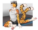  2019 4_toes 5_fingers accelo anthro barefoot black_hair black_stripes clothing digital_media_(artwork) felid fingers fur hair hat headgear headwear male mammal open_mouth orange_fur pantherine sitting solo striped_fur stripes teeth tiger toes tongue 