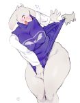  2018 ambiguous_gender annoying_dog_(undertale) anthro bebebebebe big_breasts blush boss_monster bovid breasts camel_toe canid canine canis caprine clothed clothing clothing_lift domestic_dog duo female fur horn long_ears mammal mature_female robe simple_background solo standing thick_thighs toriel undertale video_games voluptuous white_background wide_hips 