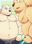  2019 anthro belly bodily_fluids canid canine canis clothing cu_sith_(tas) domestic_dog duo humanoid_hands leib_(tas) male mammal moobs navel nipples numpia overweight overweight_male polar_bear pubes simple_background sweat swimwear tokyo_afterschool_summoners ursid ursine video_games 