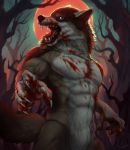  2019 5_fingers abs absurd_res anthro black_lips black_nose blood bodily_fluids canid canine digital_media_(artwork) felfi fingers forest hi_res lips male mammal night open_mouth outside rakan rogueliger solo teeth tongue tree were werecanid werecanine werewolf 