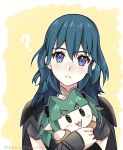  1girl ? blue_eyes blue_hair byleth_(fire_emblem) byleth_(fire_emblem)_(female) character_doll cherrymintlove closed_mouth doll fire_emblem fire_emblem:_three_houses holding holding_doll medium_hair simple_background solo sothis_(fire_emblem) twitter_username upper_body yellow_background 