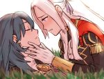  2girls blonde_hair blue_eyes blush breasts byleth_(fire_emblem) byleth_(fire_emblem)_(female) cape cravat dashingicecream edelgard_von_hresvelg fire_emblem fire_emblem:_three_houses garreg_mach_monastery_uniform gloves hair_ornament hair_ribbon long_hair looking_at_viewer multiple_girls red_cape ribbon short_hair simple_background smile uniform yuri 