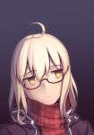  1girl ahoge artoria_pendragon_(all) bangs black-framed_eyewear black_coat boa_(brianoa) closed_mouth coat eyebrows_visible_through_hair fate/grand_order fate_(series) frown glasses grey_background head_tilt highres long_hair looking_away mysterious_heroine_xx_(foreigner) open_clothes open_coat plaid plaid_scarf portrait red_scarf scarf semi-rimless_eyewear silver_hair solo sweatdrop twitter_username under-rim_eyewear yellow_eyes 