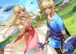  1boy 1girl arrow artist_name bangs belt black_pants blonde_hair blue_eyes blue_shirt blue_sky blush breasts cape circlet closed_mouth collarbone day dress dutch_angle earrings floating_island grass hair_intakes hand_up happy holding holding_sword holding_weapon instagram_username jewelry light_blush link long_hair long_sleeves looking_at_viewer master_sword necklace open_mouth outdoors outstretched_arm pants pink_dress pointy_ears princess_zelda ruby_(gemstone) scabbard sheath shield shirt short_hair short_over_long_sleeves short_sleeves shoulder_armor sidelocks sky small_breasts smile super_smash_bros. sword teeth ten-chan_(eternal_s) the_legend_of_zelda the_legend_of_zelda:_a_link_between_worlds the_legend_of_zelda:_breath_of_the_wild triforce twitter_username undershirt vambraces watermark weapon white_cape 
