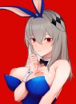  1girl alternate_costume animal_ears areolae azur_lane bangs bare_shoulders black_neckwear blue_leotard blush bow bowtie breasts bunny_ears bunny_girl bunnysuit closed_mouth collarbone commentary_request detached_collar eyebrows_visible_through_hair fake_animal_ears full-face_blush grey_hair hair_between_eyes leotard medium_hair nipples red_background red_eyes sadiwosan saint-louis_(azur_lane) simple_background solo wrist_cuffs 
