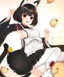  1girl :d animal animal_ear_fluff animal_ears apron arm_up azur_lane bangs bell bird black_hair black_kimono blurry blurry_background blurry_foreground blush breasts brown_eyes cat_ears cat_girl cat_tail chick commentary_request depth_of_field eyebrows_visible_through_hair fang feet_out_of_frame highres japanese_clothes jingle_bell katsushika_pachi kimono large_breasts long_sleeves maid_headdress manjuu_(azur_lane) multicolored_hair open_mouth panties red_hair short_eyebrows short_hair sideboob smile solo streaked_hair tail tail_bell thick_eyebrows thighhighs underwear white_apron white_legwear white_panties wide_sleeves yamashiro_(azur_lane) 