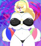  ball big_breasts bikini blush breasts canid canine canis chooy64 clothing domestic_dog eyewear female hair hi_res huge_breasts hyper hyper_breasts lipstick makeup mammal poodle sunglasses swimwear 