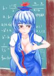  1girl absurdres blue_dress blue_hair blush breasts chalkboard cleavage collarbone dress embarrassed equation eyebrows_visible_through_hair golden_rectangle hat highres kamishirasawa_keine large_breasts long_hair looking_away looking_to_the_side math red_eyes red_ribbon ribbon short_sleeves solo teacher teasing tokin_hat touhou undressing upper_body wishstarintheblank 