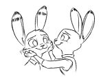  2019 ambiguous_gender anthro black_and_white clothed clothing dipstick_ears disney duo ear_markings facial_markings fur fur_markings hands_on_cheeks head_markings head_tuft jack_savage judy_hopps lagomorph leporid mammal markings monochrome motion_lines multicolored_ears rabbit simple_background smile tggeko white_background zootopia 