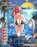  1girl azur_lane bikini black_bikini breasts cleavage collarbone highres large_breasts lifebuoy looking_at_viewer manjuu_(azur_lane) navel official_art pool pool_ladder poolside red_hair side_ponytail solo swimsuit water zara_(azur_lane) 