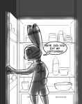  2019 ambiguous_gender anthro bottomwear clothed clothing dialogue disney ear_markings english_text facial_markings fridge fur fur_markings greyscale head_markings inside jack_savage lagomorph leporid looking_at_viewer looking_back mammal markings monochrome rabbit rear_view shorts solo speech_bubble standing text tggeko topless zootopia 