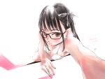  1girl bangs bikini black_hair breasts brown_eyes character_name cleavage eyebrows_visible_through_hair foreshortening glasses highres kowiru long_hair looking_at_viewer lying on_side real_life self_shot small_breasts solo swimsuit white_background white_bikini 