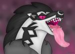  absurd_res ambiguous_gender bodily_fluids canid canine drooling emu34b feral hi_res long_tongue mammal mouth_shot nintendo obstagoon pok&eacute;mon pok&eacute;mon_(species) red_eyes saliva simple_background solo teeth tongue vector video_games 