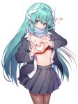  1girl aqua_hair black_jacket black_skirt blush bra bra_pull breasts brown_legwear commentary_request cowboy_shot dragon_girl dragon_horns eyebrows_visible_through_hair fate/grand_order fate_(series) heart heart-shaped_boob_challenge heart_hands horns jacket kiyohime_(fate/grand_order) long_hair looking_at_viewer medium_breasts mogullaz multiple_horns navel one_breast_out open_clothes pantyhose pleated_skirt red_bra scarf school_uniform shirt simple_background skirt solo standing stomach underwear very_long_hair white_background white_shirt yellow_eyes 