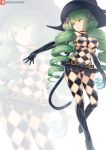  1girl argyle argyle_cutout argyle_legwear black_gloves black_headwear breasts commentary_request drill_hair elbow_gloves fiore_brunelli gloves graphite_(medium) green_hair hair_ornament hat joko_jmc large_breasts long_hair miniskirt revealing_clothes skirt smile solo star_ocean star_ocean_integrity_and_faithlessness tail traditional_media twin_drills witch_hat yellow_eyes 