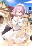  1boy 1girl bag bangs bare_shoulders black-framed_eyewear blurry blurry_background blush breasts building closed_mouth collarbone commentary_request depth_of_field dress eyebrows_visible_through_hair fate/grand_order fate_(series) fou_(fate/grand_order) glasses hair_over_one_eye highres holding holding_bag jewelry long_sleeves mash_kyrielight maya_g medium_breasts off-shoulder_dress off_shoulder paper_bag pendant purple_eyes purple_hair semi-rimless_eyewear shopping_bag smile solo_focus under-rim_eyewear white_dress 
