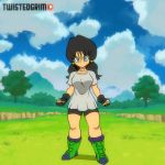  1girl animated bike_shorts black_gloves blue_eyes blue_sky boots cloud collarbone dragon_ball dragon_ball_z fingerless_gloves floating gloves grass huge_filesize looking_at_viewer low_twintails navel serious shirt sky solo sports_bra stomach tree twintails twistedgrim videl white_shirt wind wind_lift 