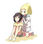  2girls bangs black_eyes black_hair blonde_hair blush braid closed_mouth drawstring flat_chest floral_print french_braid full_body green_eyes green_shorts hands_up kneeling knees_up lillie_(pokemon) looking_back looking_down miniskirt mizuki_(pokemon) multiple_girls pleated_skirt pokemon pokemon_(game) pokemon_sm ponytail shiny shiny_hair shirt short_hair short_shorts short_sleeves shorts simple_background sitting skirt socks tying_hair unapoppo white_background white_legwear white_shirt white_skirt yellow_shirt 