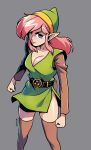  1girl belt belt_buckle blue_eyes breasts brellom brown_legwear buckle cleavage clenched_hands freckles genderswap genderswap_(mtf) hat highres link long_sleeves looking_at_viewer medium_breasts medium_hair pink_hair pointy_ears side_slit sidelocks solo standing the_legend_of_zelda the_legend_of_zelda:_a_link_to_the_past thighhighs triforce tunic 