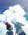  2girls bag bangs bare_shoulders beanie black_hair blonde_hair blue_sky blush braid cloud day dress duffel_bag flat_chest floral_print hand_up happy hat highres lillie_(pokemon) long_hair mizuki_(pokemon) multiple_girls open_mouth outdoors poke_ball_symbol poke_ball_theme pokemon pokemon_(game) pokemon_sm red_headwear shirt short_hair short_sleeves sky sleeveless sleeveless_dress smile sun_hat sunlight teeth tied_hair twin_braids unapoppo upper_body white_headwear yellow_shirt 