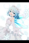  1girl :d ahoge bangs bare_shoulders blue_eyes blue_hair bow choker cirno commentary_request do_(4-rt) dress elbow_gloves eyebrows_visible_through_hair flower foreshortening from_side gloves hair_flower hair_ornament hand_on_own_chest highres jewelry letterboxed looking_at_viewer necklace open_mouth outstretched_arm reaching_out short_hair smile snowflakes solo strapless strapless_dress touhou veil wedding_dress white_bow white_choker white_dress white_flower white_gloves wings 