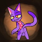  animal_crossing anthro backsack balls bob_(animal_crossing) bodily_fluids bottomless butt clothed clothing cum cum_on_ground domestic_cat erection felid feline felis fur genital_fluids looking_at_viewer looking_back male mammal nintendo penis purple_fur rabblet solo video_games 