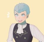  1boy blue_eyes blue_hair caspar_von_bergliez fire_emblem fire_emblem:_three_houses garreg_mach_monastery_uniform highres male_focus open_mouth ouse_(otussger) solo teeth upper_body yellow_background 