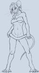  5_toes anthro bottomless breasts claws clothed clothing convenient_censorship crotch_tuft ear_piercing female hair hi_res looking_at_viewer lord_magicpants mammal monochrome mouse murid murine navel nipple_outline piercing rodent standing tail_censorship toe_claws toes tube_top whiskers 
