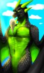  2019 absurd_res anthro anthroal asp_the_wyvern black_scales bodily_fluids dessert digital_media_(artwork) digital_painting_(artwork) dragon eating fangs featureless_crotch food glowing glowing_eyes green_eyes green_scales green_tongue hi_res ice_cream licking long_tongue male membrane_(anatomy) membranous_wings naughty_face nude pecs saliva scales scalie simple_background solo standing tongue tongue_out wings wyvern 