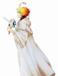  1girl ahoge blonde_hair emma_(yakusoku_no_neverland) from_side green_eyes highres holding holding_mask kitimoop long_sleeves looking_up mask profile short_hair simple_background solo standing white_background white_coat wide_sleeves yakusoku_no_neverland 