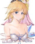  1girl absurdres bare_shoulders blonde_hair blue_eyes bouzuuuuu breasts cleavage collarbone europa_(granblue_fantasy) flower granblue_fantasy hair_flower hair_ornament highres looking_at_viewer medium_breasts short_hair simple_background smile solo swimsuit tiara white_background wings 