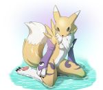  2019 3_fingers 3_toes absurd_res anthro arm_warmers armwear blue_eyes breasts claws clothing digimon digimon_(species) featureless_breasts female fingers front_view hi_res kneeling looking_at_viewer nude pawpads renamon simple_background smile solo toes voidtails water white_background 