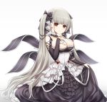  1girl azur_lane bangs bare_shoulders between_breasts black_dress blush breasts chysk_hm cleavage cowboy_shot detached_collar dress earrings eyebrows_visible_through_hair flight_deck formidable_(azur_lane) frilled_dress frills grey_hair hair_ornament hair_ribbon hand_on_own_chest jewelry large_breasts long_hair long_sleeves looking_at_viewer red_eyes ribbon skirt_hold solo stud_earrings twintails very_long_hair 