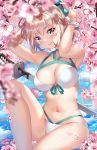  1girl arms_up artist_name bangle bangs bare_arms bare_shoulders bikini blurry blurry_foreground blush bow bracelet breasts brown_eyes brown_hair cherry_blossoms cleavage commentary_request depth_of_field eyebrows_visible_through_hair fate/grand_order fate_(series) flower green_bow hair_bow highleg highleg_bikini highres jewelry katana knee_up large_breasts layered_bikini looking_at_viewer okita_souji_(fate)_(all) okita_souji_(swimsuit_assassin)_(fate) pink_flower ripples sheath sheathed sitting skindentation solo squchan swimsuit sword water water_drop watermark weapon web_address white_bikini 