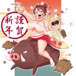  1girl belly blush boar bowl breasts chinese_zodiac chopsticks fang full_body geta highres huge_breasts looking_at_viewer muffin_top navel oozon_(ozon) open_mouth original plump pointy_ears red_eyes riding sarashi smile tabi tusks year_of_the_pig 