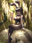  1girl animal_ears bangs black_bow black_eyes black_hair bow breasts bunny_ears bunny_girl bunny_tail bunnysuit carrot cleavage commentary_request eyebrows_visible_through_hair forest hair_ribbon highres holding large_breasts long_hair maid_headdress narberal_gamma nature outdoors overlord_(maruyama) ponytail red_ribbon ribbon sitting solo star tail totocos7 wrist_cuffs 