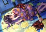  1girl bangs barefoot black_hair blurry blurry_foreground blush bottle commentary_request cup depth_of_field eyebrows_visible_through_hair floral_print flower green_eyes hands_up indoors japanese_clothes kimono long_sleeves looking_at_viewer lying miyabi_akino on_side original parted_lips petals purple_kimono sakazuki sake_bottle smile solo tray twitter_username vase wide_sleeves yellow_flower 