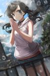  1girl amano_hina_(tenki_no_ko) bangs bare_arms bare_shoulders black_hair black_neckwear blue_neckwear blurry blurry_background blurry_foreground choker cloud cloudy_sky dutch_angle eyebrows_visible_through_hair goomrrat grey_eyes hands_together highres hood hood_down hooded_jacket jacket jewelry long_hair low_twintails pendant revision short_shorts shorts sky sleeveless sleeveless_jacket smile solo tenki_no_ko twintails water_drop 