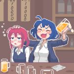  2girls alcohol beer blue_eyes blue_hair breasts closed_eyes collared_shirt cup drinking_glass facing_viewer hcnone holding holding_cup indoors long_sleeves looking_away medium_breasts multiple_girls original parted_lips pink_hair pixel_art shirt short_hair skye_(hcnone) white_shirt 