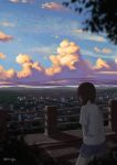  1girl artist_name blue_shorts blue_sky blurry blurry_foreground brown_hair building cityscape cloud cloudy_sky commentary_request day depth_of_field facing_away highres long_hair mountain original outdoors railing shirt short_shorts short_sleeves shorts signature sky solo umiroku white_shirt wide_shot 