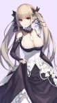  1girl akanagi_youto azur_lane bangs bare_shoulders black_dress black_ribbon breasts bridal_gauntlets cleavage collarbone commentary_request cowboy_shot detached_sleeves dress ear_piercing eyebrows_visible_through_hair formidable_(azur_lane) frills grey_hair hair_ribbon highres long_hair looking_at_viewer pantyhose petticoat piercing purple_background red_eyes ribbon simple_background skirt_hold smile solo standing twintails very_long_hair white_legwear 