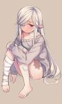  1girl bandaged_leg bandages bandaid_on_cheek bandaid_on_foot bangs bare_shoulders barefoot blush brown_background closed_mouth collarbone commentary_request copyright_request elf eyebrows_visible_through_hair grey_sweater hair_over_one_eye highres knee_up knees_together_feet_apart kuro_(kuronell) long_hair long_sleeves off_shoulder one_eye_covered pigeon-toed pointy_ears red_eyes silver_hair simple_background sitting sleeves_past_wrists solo sweater toenails very_long_hair 