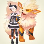  1girl arcanine black_hair gothic_lolita highres lolita_fashion mai_(pokemon) pokemon pokemon_(game) pokemon_masters pokemon_trainer pokipoki ribbon smile standing 