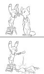  2019 ambiguous_gender anthro barefoot black_and_white cheek_tuft clothed clothing comic disney duo ear_markings elbow_tufts eyes_closed facial_markings fur fur_markings head_markings head_tuft hi_res hitting holding_object humor jack_savage lagomorph leporid lying mammal markings monochrome motion_lines newspaper on_front overalls rabbit simple_background skye_(zootopia) stepladder tggeko tuft violence white_background zootopia 