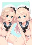  2girls :d absurdres adapted_costume alakoala_shoushou artist_name bikini blonde_hair blue_eyes blue_sailor_collar blush breasts collarbone commentary_request dated groin hat highres janus_(kantai_collection) jervis_(kantai_collection) kantai_collection long_hair micro_bikini multiple_girls navel open_mouth sailor_bikini sailor_collar sailor_hat short_hair signature small_breasts smile swimsuit white_bikini white_headwear 